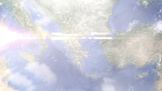 Zoom in from space and focus on Greece, Volos. 3D Animation. Background for travel intro. Elements of this image furnished by NASA