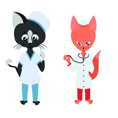 A cat and a fox in medical suits. Cute animal doctors.