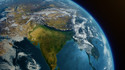 Cinematic realistic planet Earth rotation of Asia India part from space. Sun reflection in the ocean