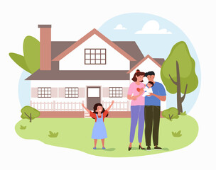 Obraz na płótnie Canvas Parents rejoice with children. Man and girl walk with kid in their arms. Fresh air, nature and park. City streets and buildings. Strong relationships, child care. Cartoon flat vector illustration