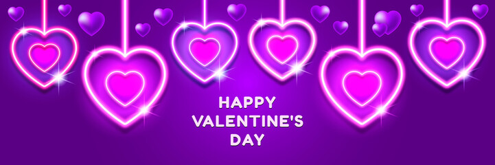 Valentine's Day holiday banner. Modern design with hearts, stars and decorations. Valentine's day template. Abstract background with neon hearts. Valentine's day greeting card vector illustration