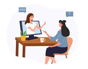 Psychologist online concept. Two girls talking on internet. Modern technologies, video call or conference. Webinar, training or master class. Mental health care. Cartoon flat vector illustration