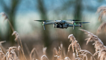 Drone in flight over marshland, Devon, England - obrazy, fototapety, plakaty