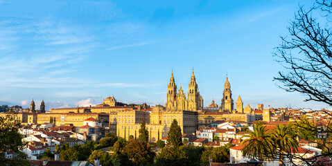 panoramic view of the cathedral of Santiago de Compostela in Spain - golden hour. - obrazy, fototapety, plakaty