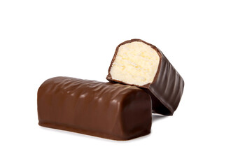 Glazed cheese in milk chocolate broken into halves on a white background