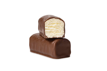 Glazed cheese in milk chocolate broken into halves on a white background