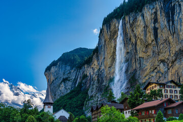 view of the Staubbach waterfall in the Lauterbrunnen valley in Switzerland.