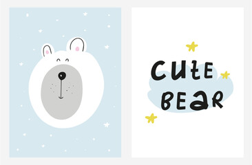 Hand drawn illustration with cute  bear. Cartoon characters animals. Lettering