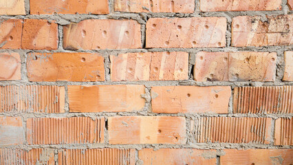 Background with exposed various bricks interior wall, located in an industrial, modern large space. Close-up view of bricks pattern. Detailed image.
