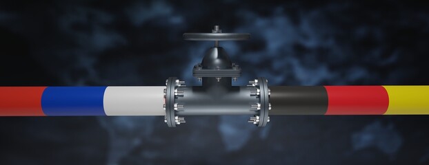 Nord stream gas pipeline, Russia and Germany flag on pipe with valve. 3d render - obrazy, fototapety, plakaty