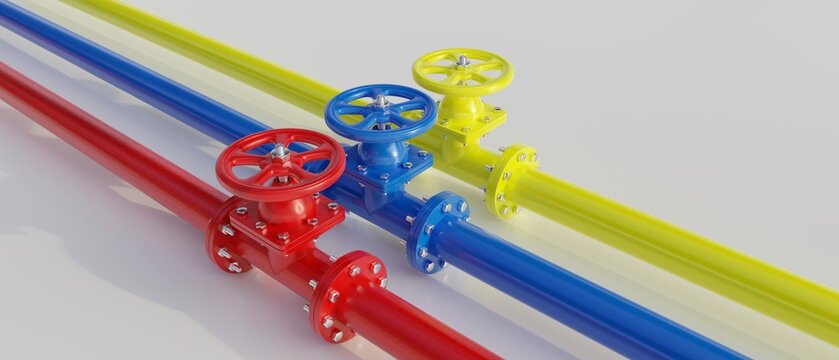 Pipe line and valve on white. Red, yellow and blue color industrial pipeline. 3d render