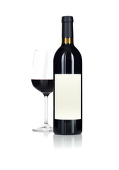 Wine Glass and Bottle with Blank Label Ready For Graphic and Text Isolated on White.
