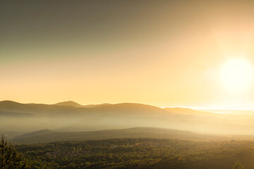 sunrise in the mountains of the Sierra de Francia with fog, in the province of Salamanca in Spai