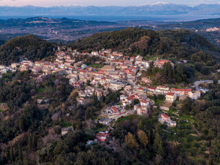Aerial drone view of traditional beautiful village of  Chorepiskopi in north corfu island greece