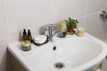 Natural cosmetics cream, scrub, serum, reusable sponges for face care, zero waste