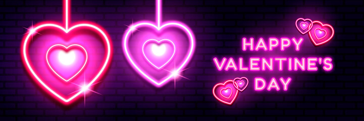 Valentine's Day holiday banner. Modern design with hearts, stars and decorations. Valentine's day template. Abstract background with neon hearts. Valentine's day greeting card vector illustration
