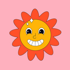 Cute cartoon sun character in retro style with eyes. Hippie, psychedelic, groove, retro and vintage style. Vector illustration