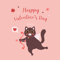 Cute cat character cupid cat with bow and arrow. Valentines Day greeting card. Love, romantic, wedding, Valentines day concept. Vector illustration