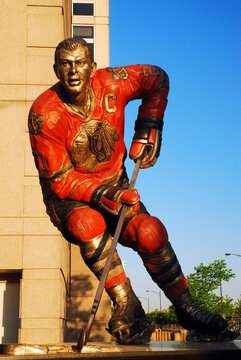 A Statue Of Stan Mikita Of The Chicago Blackhawks Stands Outside Of The United Center