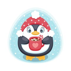Little cute penguin with cup with a cocoa and marshmallow. Vector illustration.