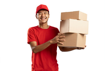 Happy young courier holding a cardboard box and smiling while standing against white background