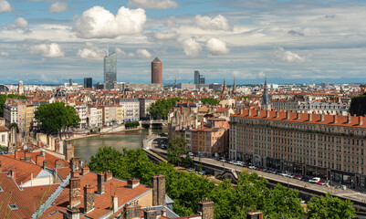 Naklejka premium aerial view of the Cidade de Lyon in France - Rhone river and skyscrapers.