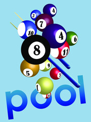 vector illustration depicting billiard balls and cues for prints on banners, postcards, posters, emblems, as well as for the design of logos and interiors of billiard clubs