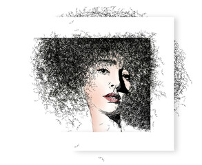 Here is a drawing of a beautiful girl with curly hair that can’t be contained. This is a 3-d illustration with text area and copy space.
