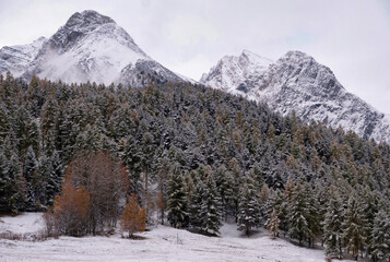 Snow covered landscape in autumn close to Tarasp