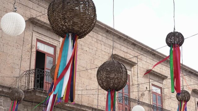 Wooden lanterns decorations hanging in downtown 