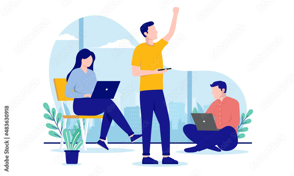 Poster business motivation - motivated small team of working people with computers in office. flat design v