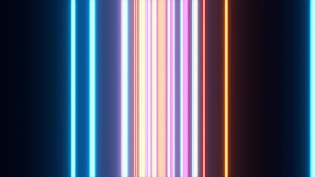 Flying through the abstract energy neon lines and vertical laser streaks. Speed moving inside colorful digital electric leads and flourescent neon lights. Animated background of virtual reality intro.