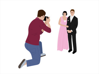 Man and woman posing for the photographer in front of the camera. Photo session for the wedding day. Photographs for the memory of the celebration. Flat vector illustration isolated on white backgroun
