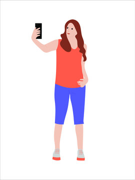 A young girl takes a picture of herself on the phone for a photo shoot. A woman takes a selfie for a reportage. Isolated flat vector illustration