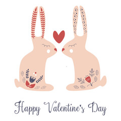 Cute pink rabbits in love isolated on white background. Love concept. Folk style design element for t-shirt print, apparel or greeting cards. Valentine s day poster. Vector nordic illustration. © Caramela