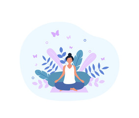 Meditation practice concept. Cute girl sits in lotus position, yoga and sports. Inner balance and meditation. Mindfulness and Enlightenment, Buddhist Practices. Cartoon flat vector illustration