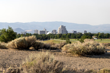 Reno city skyline with a desert park foreground on a smoky day