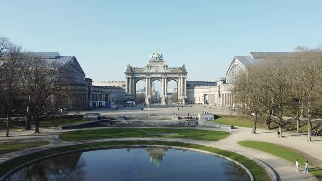 
Cinquantenaire park (Jubelpark) and The Triumphal arch (Arc de Triomphe) in Brussels on a sunny winter day. Drone aerial view