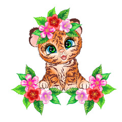 Baby tiger cub in colors, illustration on a white background, cartoon style.