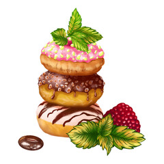 Three donuts in icing with sprinkles, a berry and green leaves, a coffee bean, a drawing on a white background.