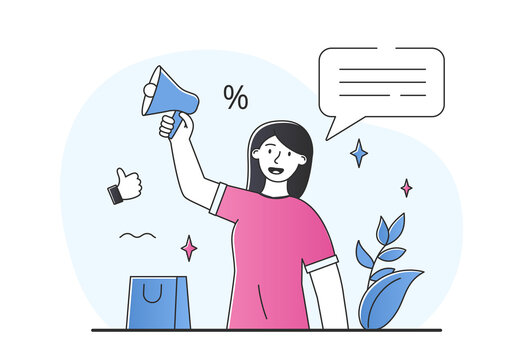 Screaming at megaphone. Girl encourages people to buy company products. Metaphor for social marketing and referral links. Marketing and advertising. Poster or banner. Cartoon flat vector illustration