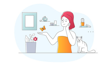 Self love concept. Girl puts herself in order, pet next to hostess. Young woman in towel, character takes bath, beauty and hygiene, skin care, comfort and coziness. Cartoon flat vector illustration