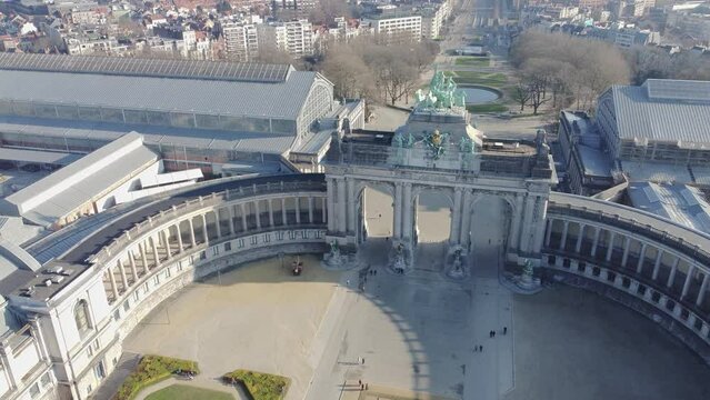 Aerial view of Triumphal arch (Arc de Triomphe) at Cinquantenaire park (Jubelpark) in Brussels by drone
