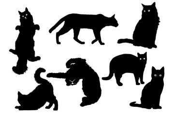 set of black cats collection of detailed hairy cats silhouettes