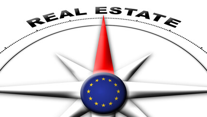 European Union Globe Sphere Flag and Compass Concept Real Estate Titles – 3D Illustration