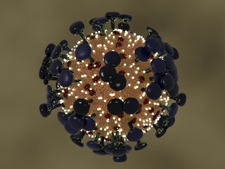 3D Render of a virus with multiple surface features and colors