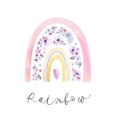 Watercolor stylish rainbow. A children's illustration with a rainbow and flowers isolated on a white background will serve as a decoration in any design.