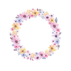 Watercolor flowers and leaves are collected in a wreath. Composition for your design, romantic watercolor frame for invitation or background.
