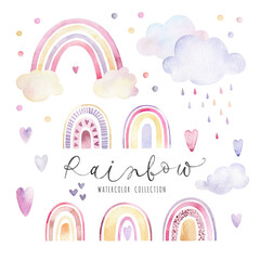 Watercolor collection with stylish rainbows and colored rain. All elements are isolated on a white background. Illustration suitable for decorating a nursery and other purposes.