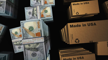 Made in USA box and US Dollar money pack loop 3d illustration